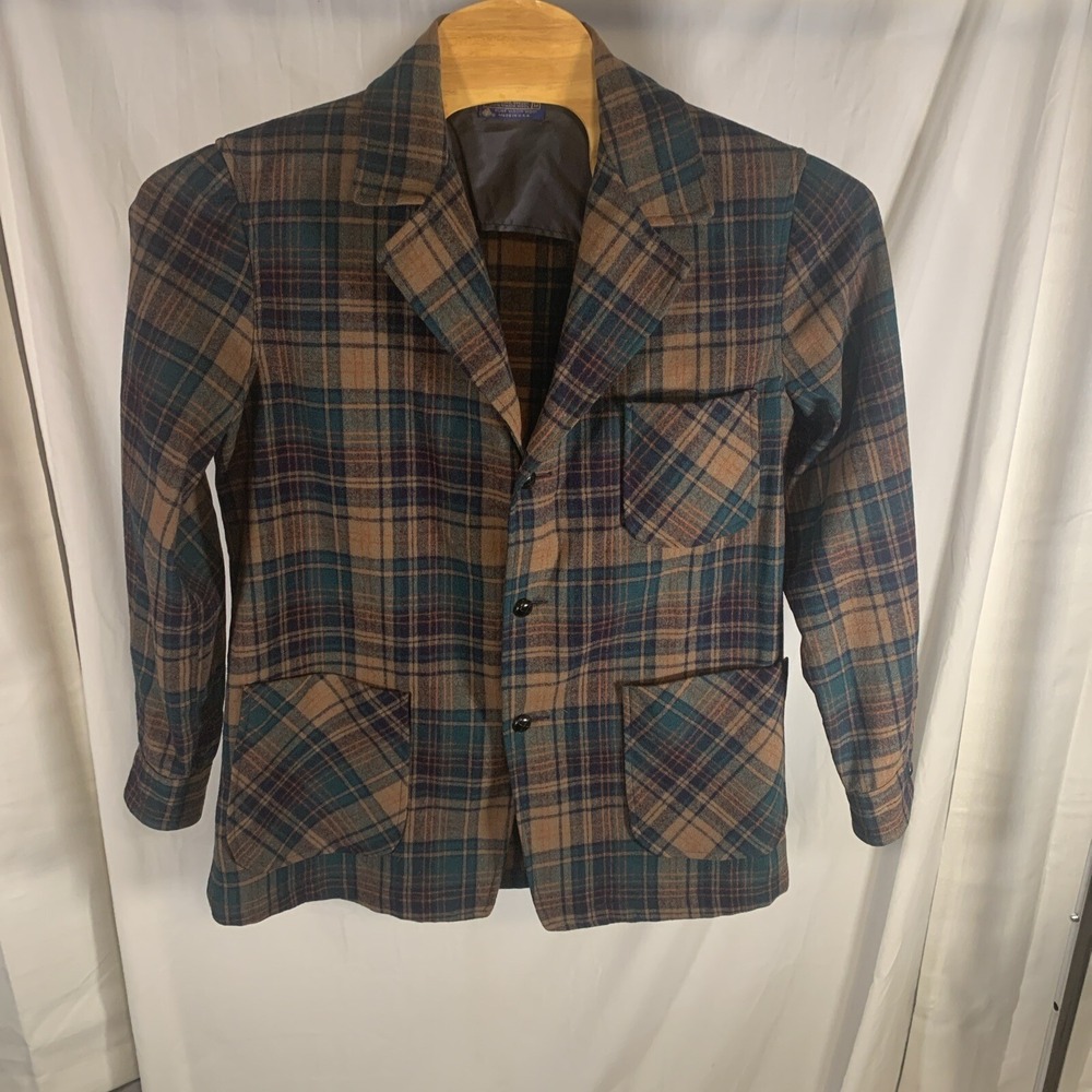 Vintage Pendleton Mens Jacket‎ Shirt Medium Green Wool Leather Buttons Unlined